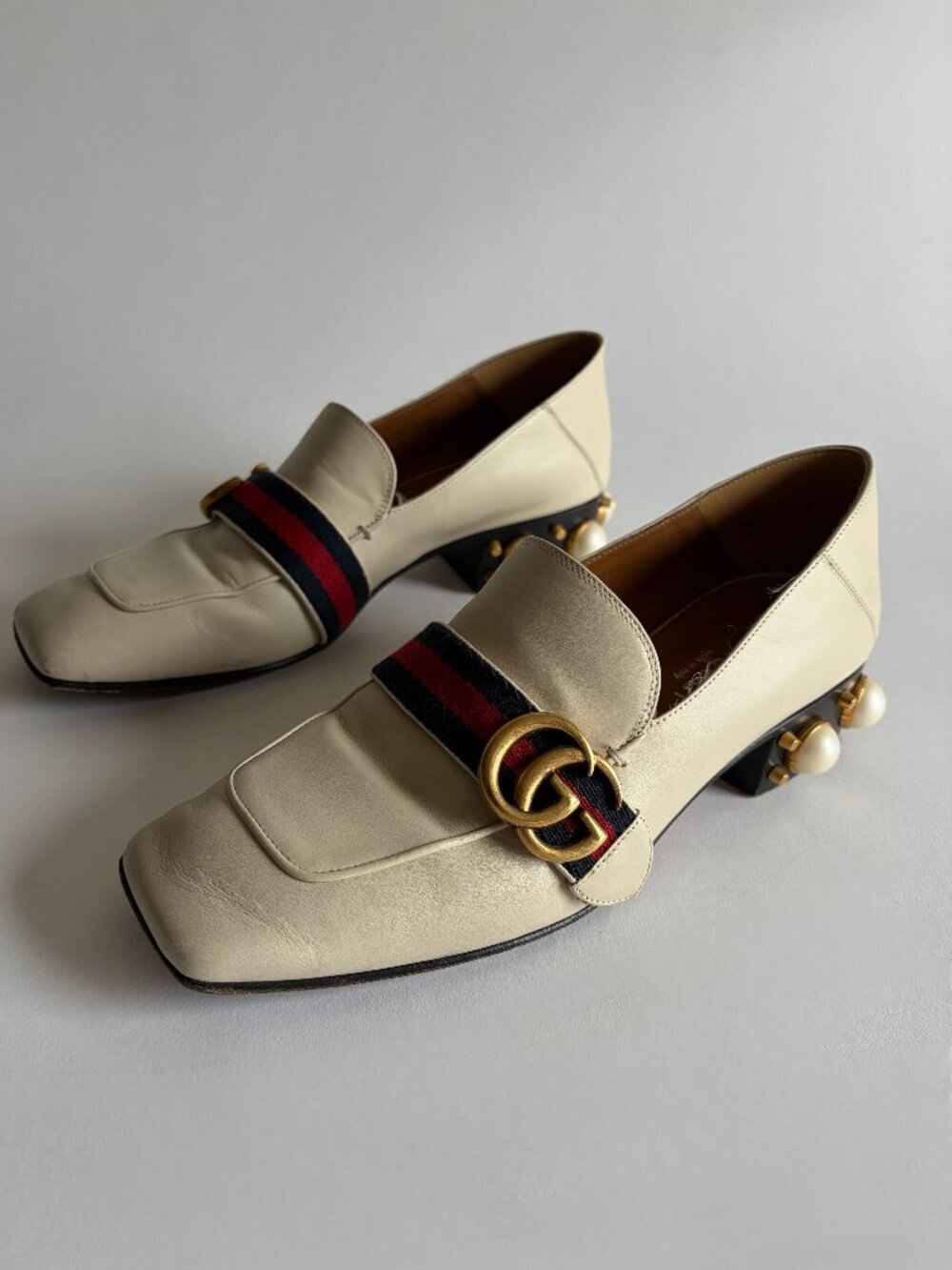 GUCCI PEYTON LEATHER PEARL HEELS MARMONT GG LOAFERS
